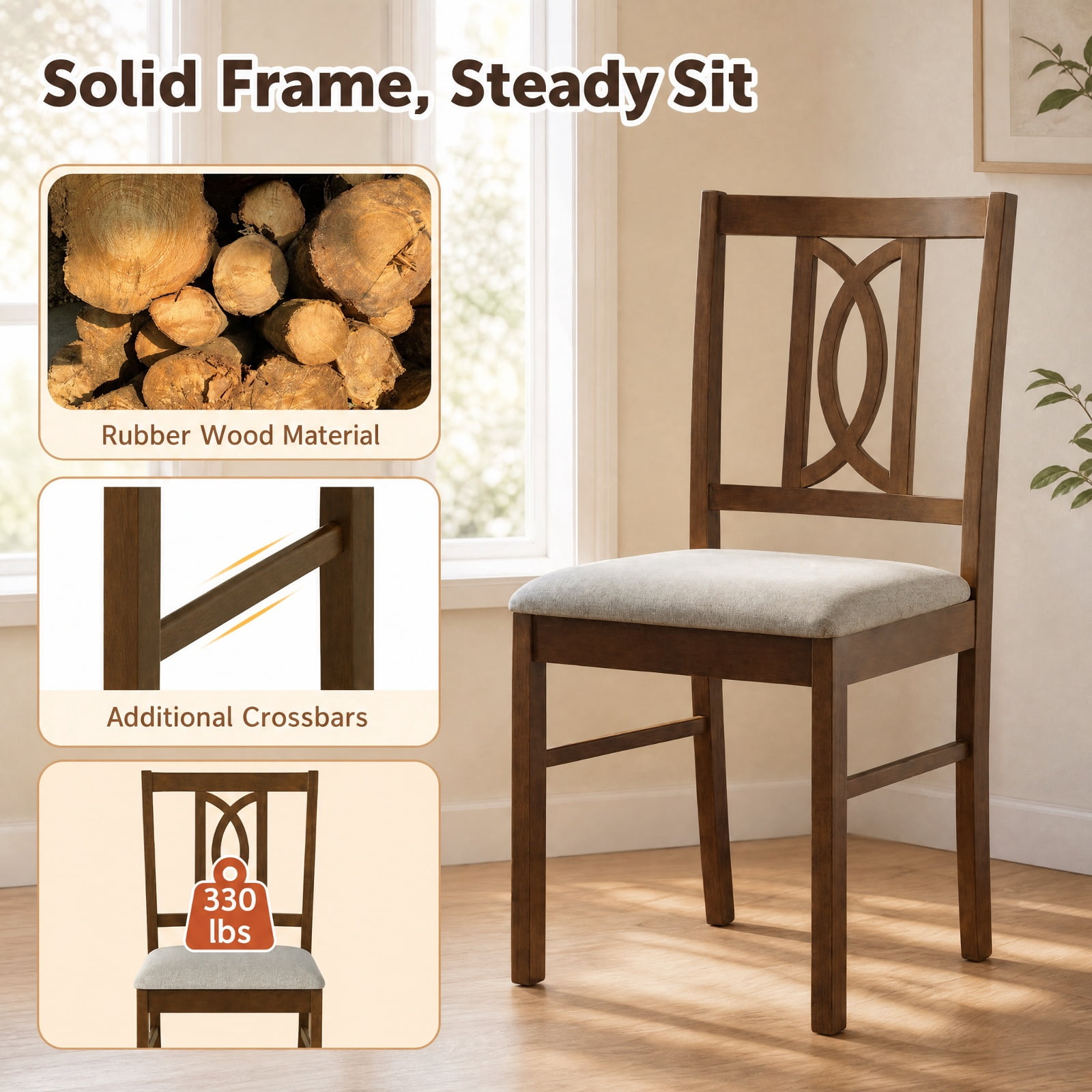 Furnibear Wooden Dining Chairs Set of 2 Rubber Wood Dining Room Chairs with Hollowed Backrest and Padded Faux Linen Seat, Walnut
