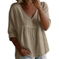 thumbnail image 3 of WHEANG Cotton Linen Tops for Women Pleated Loose Soft Cute Peplum Blouse 3/4 Sleeve Lace Trim V Neck Tops for Women Summer Tops Dressy Casual Womens Tops Summer Khaki M 2026 Sales Under $6, 3 of 4
