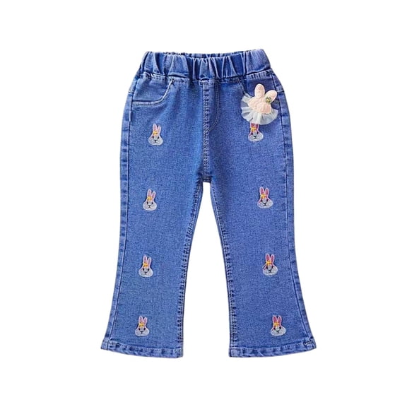 Bovxnpu Girls Wide Leg Jeans Flare Denim Pants Denim Flare Kids Beaded Elastic Waist Applique Casual Comfortable Detail Pants