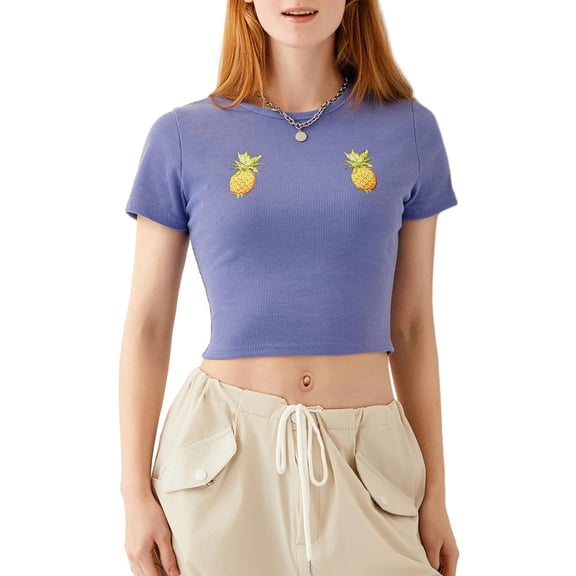 JYYYBF Women's Crop Tops Tight Fitted Round Neck Short Sleeve Cute Strawberry Print Short T-Shirts Tops for Summer