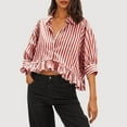 thumbnail image 2 of ZQGJB Womens Button Down Striped Shirts Peplum Ruffle Hem 3/4 Sleeve Casual Loose Babydoll Blouse Cropped Beach Vacation Collared Tops with Pocket Red XL, 2 of 7
