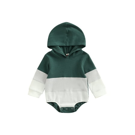 

Frobukio Toddler Baby Boys Girls Spring Romper Long Sleeve Patchwork Waffle Hooded Romper Snap Triangle Jumpsuit Dark Green 12-18 Months