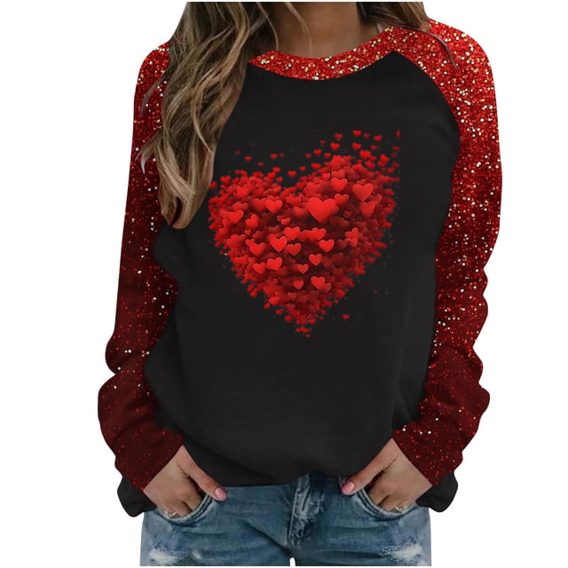 Penkiiy Hauts de Mode à Manches Longues pour Femmes, Col Rond Mignon, Blouse Tendance, Saint-Valentin 2025, Grande Taille, Imprimé Cœur d'Amour, S Rouge