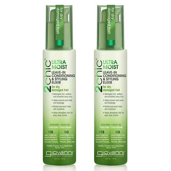 GIOVANNI 2chic Leave In Conditioning Styling Elixir - Smoothes Frizz - Aloe Vera, Shea Butter, Color Safe, Ultra-Moist (Avocado   Olive Oil), 4 Fl Oz (Pack of 2)