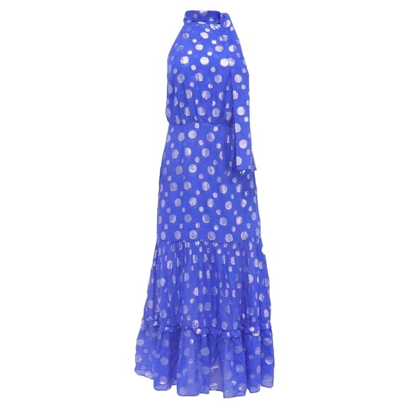 Pre-Owned Rixo Eleanor Polka Dot Midi Tiered Dress Blue Silk