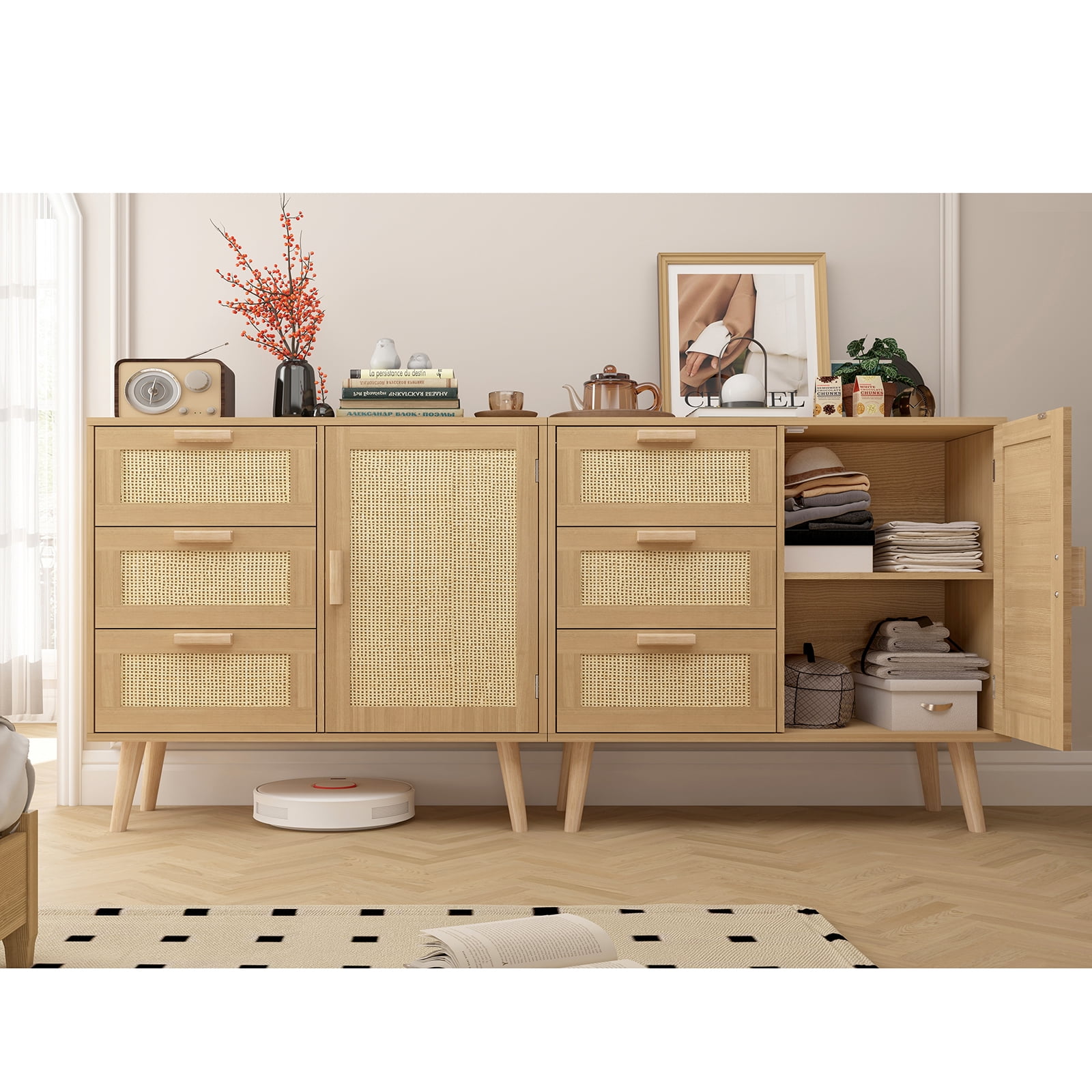 【送料無料】Nature Living Cabinet W8550 FANGSUM Natural Rattan Wood Storage Cabinet with Door & 3