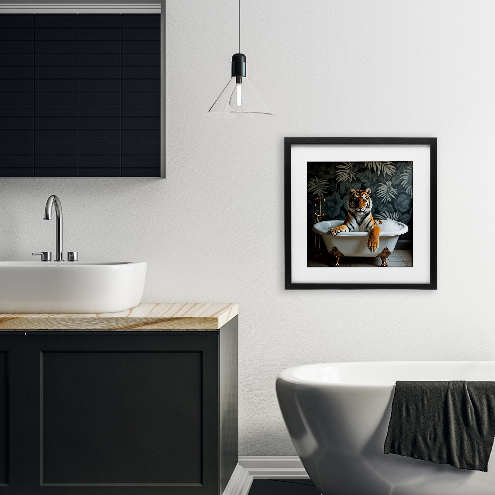 Tiger in Exotic Bubble Bath Black Framed Print Under Glass, design by Lettered and Lined