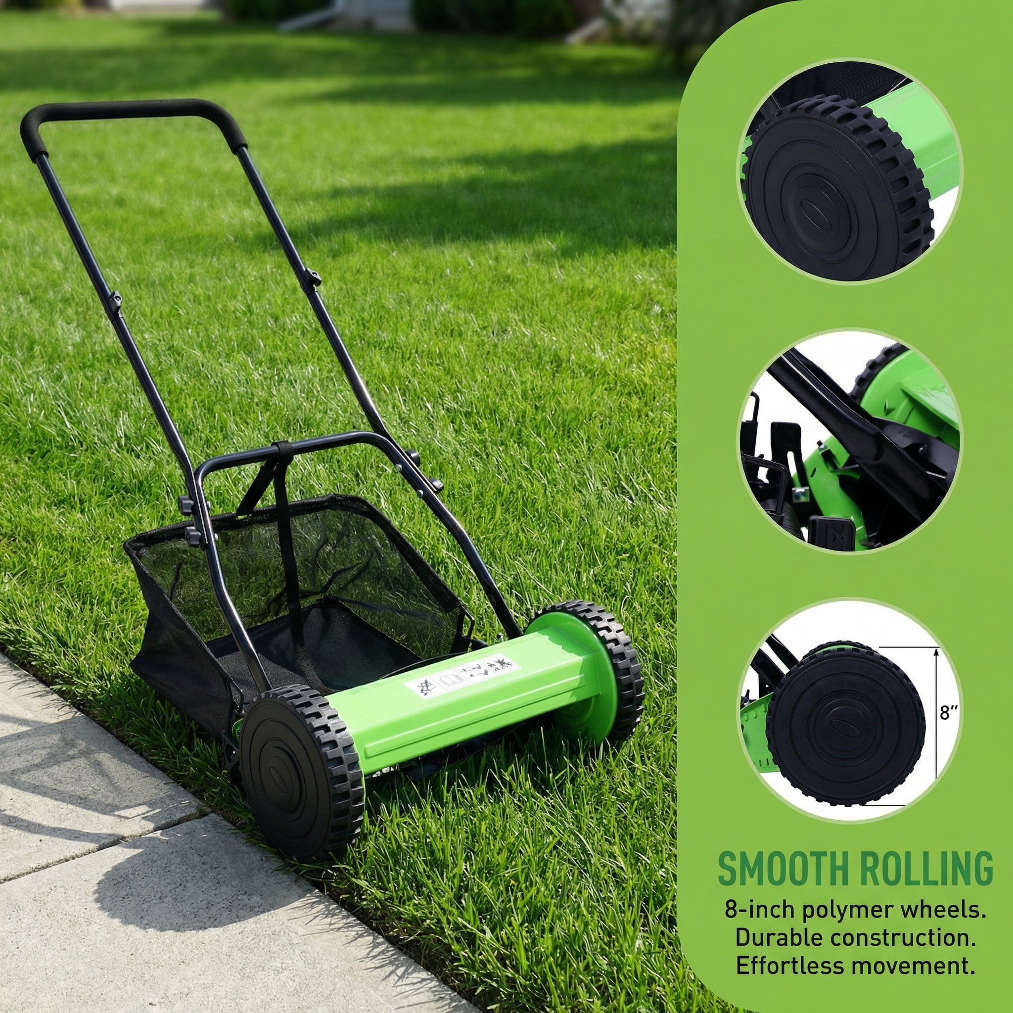 5-Blade Manual Push Reel Lawn Mower, 8-Inch Polymer Wheels with 16" Cutting Width and Adjustable 0.6"-1.8" Blade Height, Eco-Friendly Reel Mower & Grass Cutter with Grass Catcher for Yard, Garden
