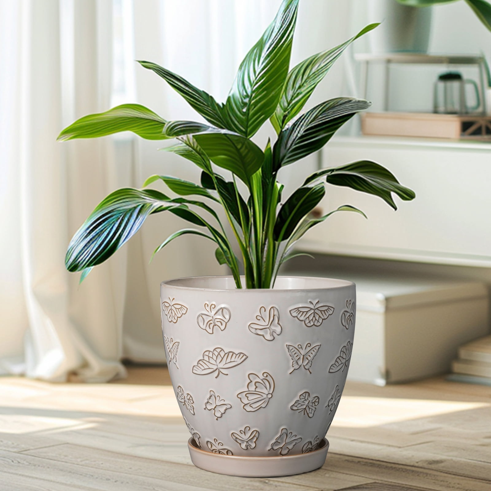 Ordivic 8 inch White Ceramic Planter with Saucer & Drainage, Rustic Decorative Vintage Flower Pots for Indoor Snake Plants,African Violet