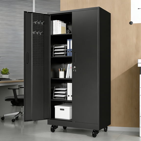 71" Rolling Garage Cabinet with Pegboard & Hooks, Lockable Steel Storage, 4 Shelves, Black