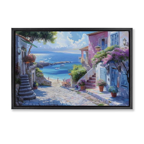 Stupell Industries Seaside Village Cobblestones Landscape & Nature Painting Black Floater Framed Canvas Art Print Wall Art, 25 x 17