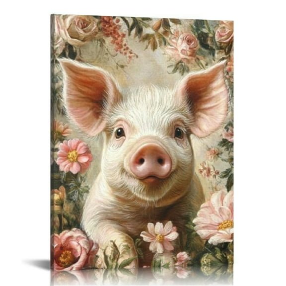 FCXZI Pig Flowers Oil Painting Canvas Print Wall Art Decor 12x16 12x16in