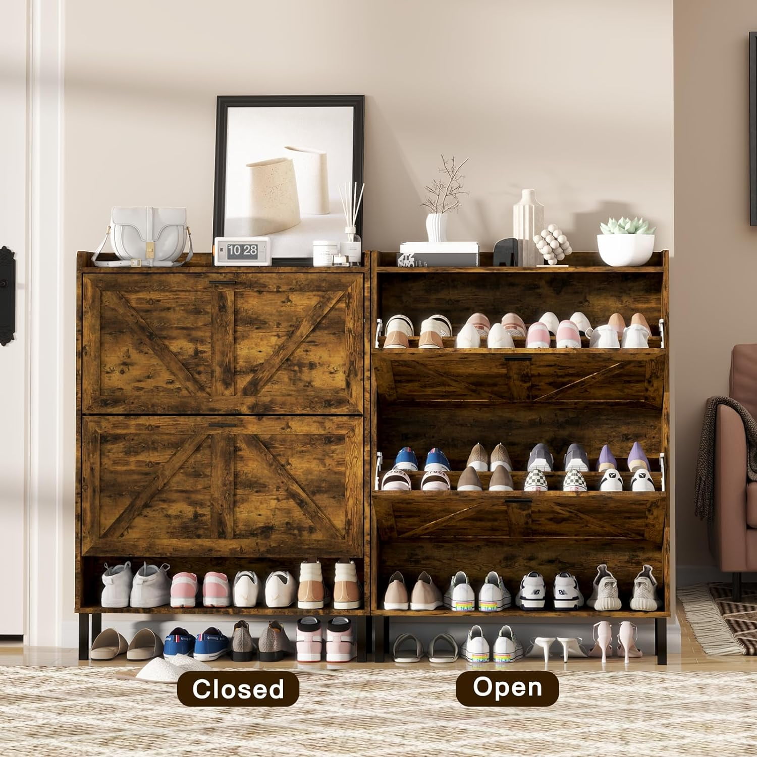 Vinform Farmhouse Shoe Storage Cabinet with 2 Flip Drawers for Entryway, Slim Wood Shoe Cabinet, Freestanding Narrow Shoe Rack Organizer with Metal Legs for Hallway Living Room (Rustic Brown)