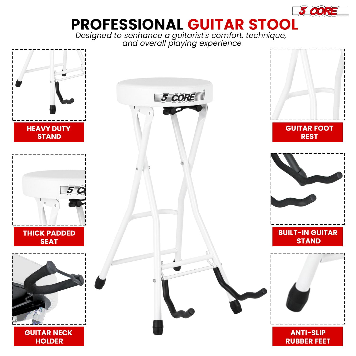 Guitar Stool with Built-in Neck Rest & Foot Rest, Foldable 3.15" Padded Chair Heavy Duty 350 lb Capacity, Portable Music Seat for Practice & Performance