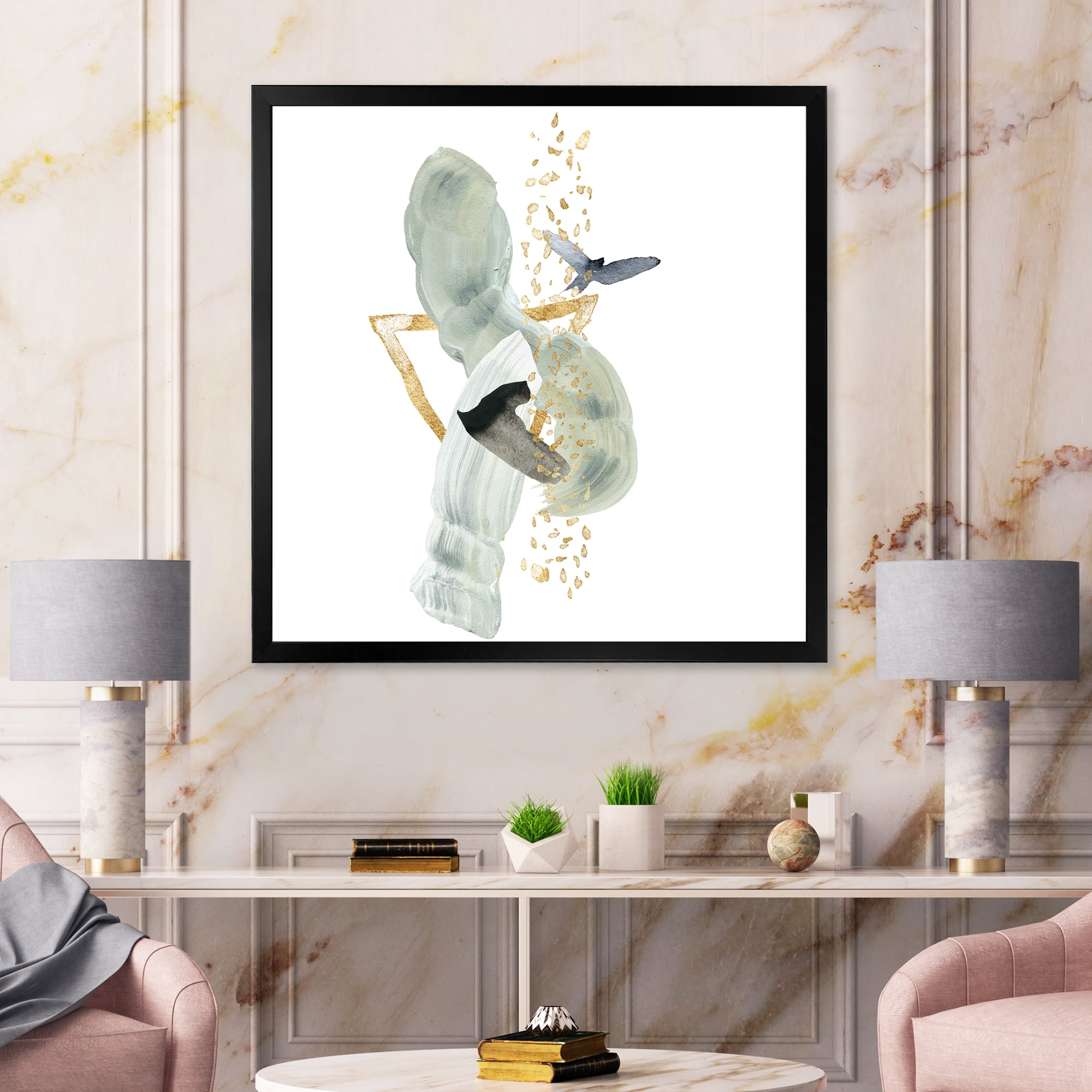 Designart 'Abstract Golden Mountain With Bird and Moon' Modern Framed Art Print