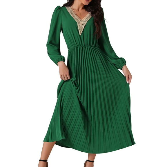 DARING DIVA Long Sleeve Flowy Pleated Midi Dress S Green