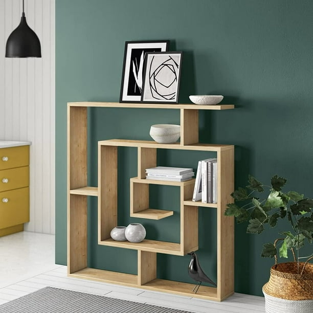 JV Home Labyrinth Collection 51x49 Inch Grand Bookcase Stylish Bookshelf 6 Tier Shelving Storage for Living Room Kitchen Laundry Bedroom Oak