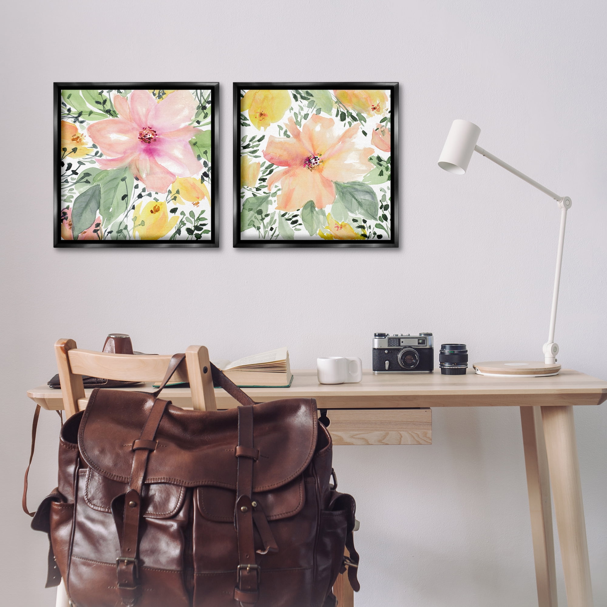 Stupell Industries Large Pink and Coral Bloom Plants & Flowers Painting Black Floater Framed Canvas Art Print Wall Art, 18 x 18, Set of 2