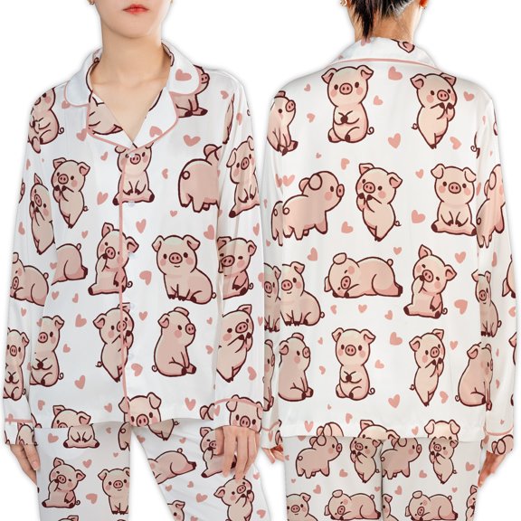 Lotusprinthandmade Cute Pig Christmas All-over Print Satin Pajamas Set (S), christmas pajamas set, pig lovers holiday gift pajamas set