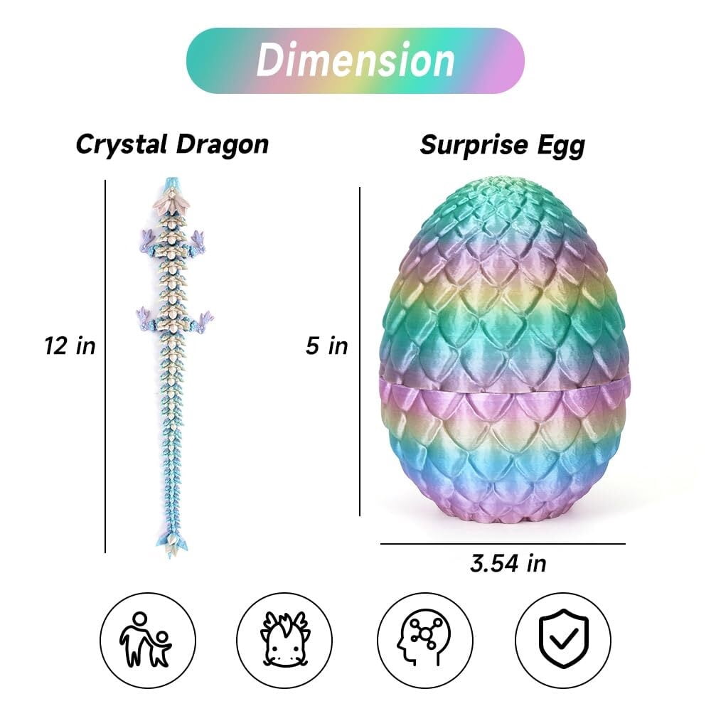 8pc 12" 3D Printed Dragon Egg, Cool Articulated Crystal Dragon In Surprise Egg, Animals Dinosaur Fidget