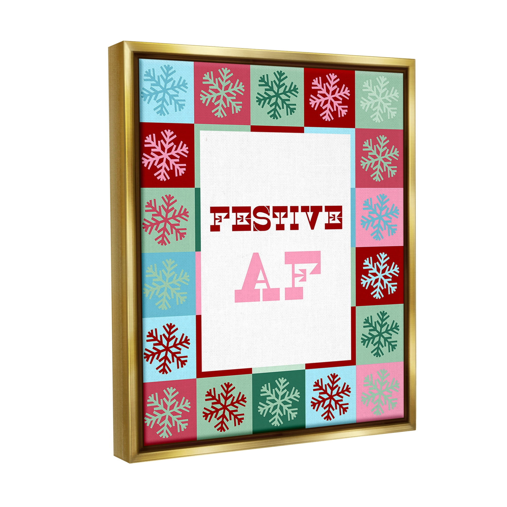 Stupell Industries Festive AF with Snowflakes Holiday Painting Gold Floater Framed Canvas Art Print Wall Art, 25 x 31