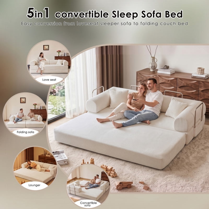 Anpport 78.8" Compression Boneless Sectional Sofa, Convertible Floor Sleeper Bed with Pillow Back Armrest, Corduroy Fabric, White, for Living Room Bedroom