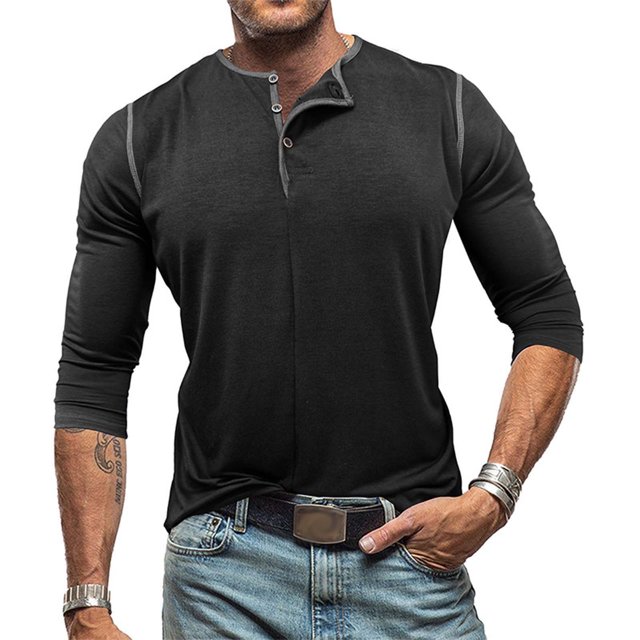 Blusas y camisas de manga larga y cuello redondo para hombre, color liso, informal, con botones, cárdigan de media manga, top de cuello redondo para hombre, blusas de poliéster para hombre