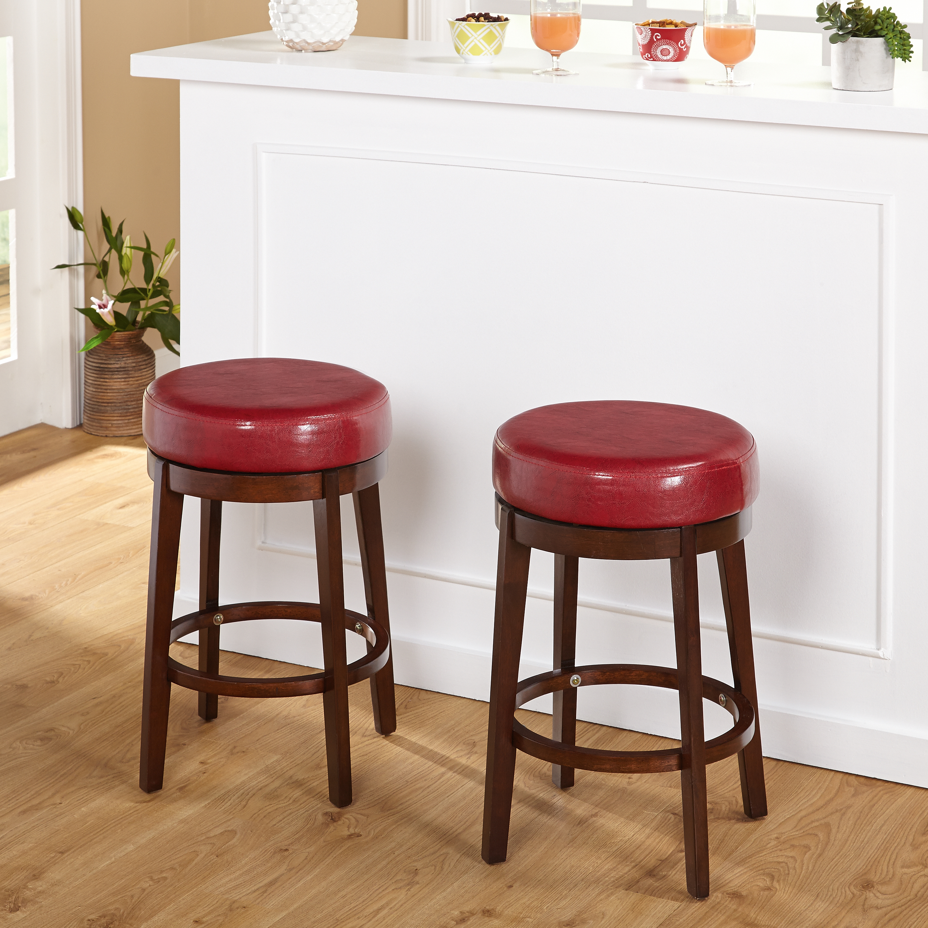 TMS Avenue 24" Round Indoor Swivel Counter Stool, Rich Brown/Red Faux Leather