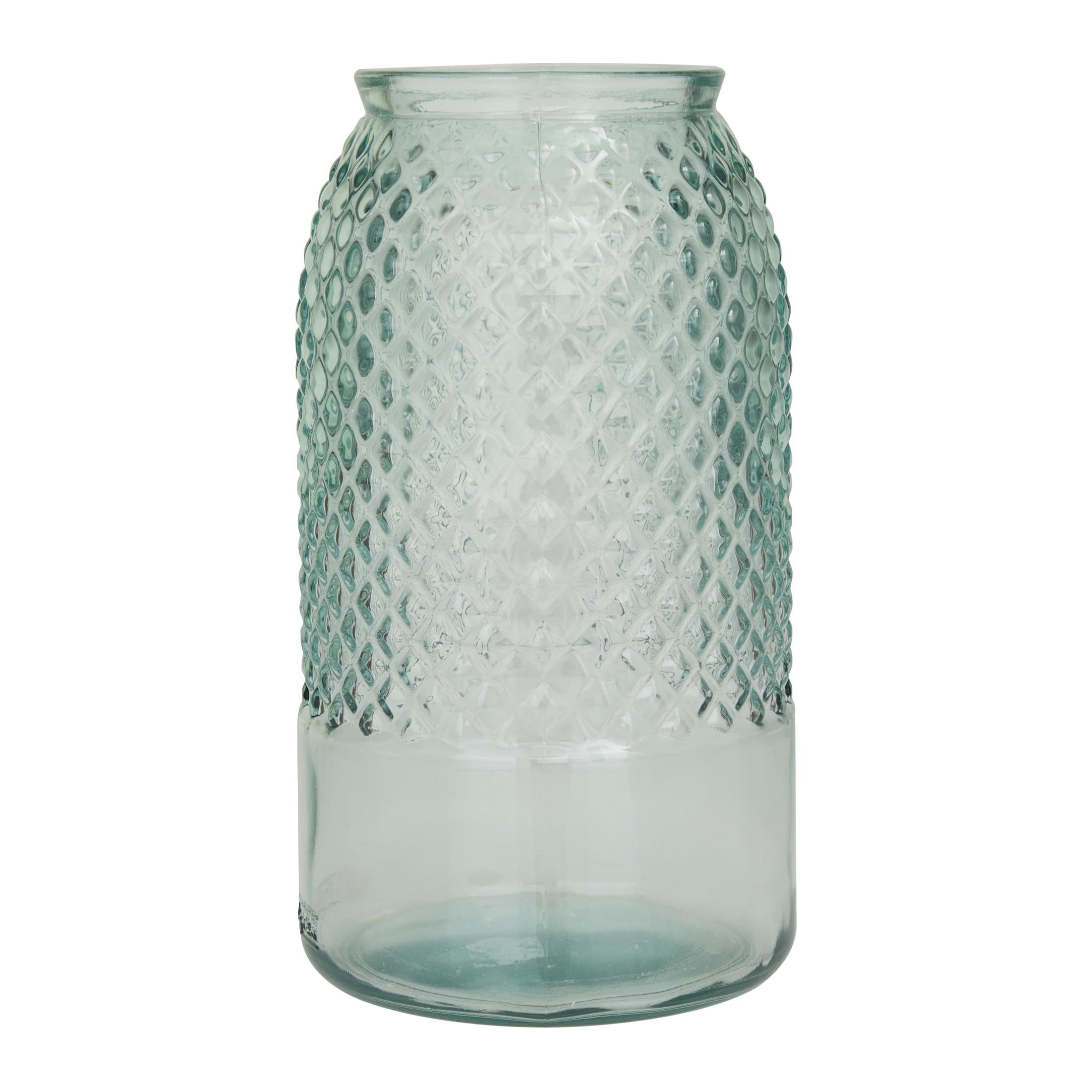 DecMode Teal Recycled Glass Handmade Slim Spanish Decorative Vase with Textured Diamond Pattern, 6" x 6" x 11"