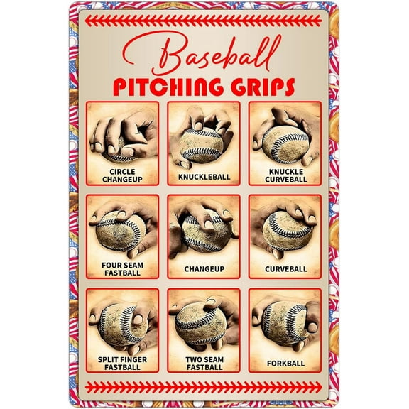 Metal Tin Sign-Boy's Baseball Gifts Baseball Pitching Grips Sign Boys Room Decorations For Bedroom,Gift for baseball enthusiasts 8 x 12 Inch