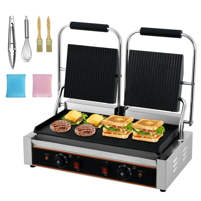 3600W Double Commercial Panini Press Grill – 19"x9" Grooved Top & Smooth Bottom – 6-Level Temp Control – Stainless Steel Electric Sandwich Maker, Large Countertop – Model YS-813C, 1.three m 110V