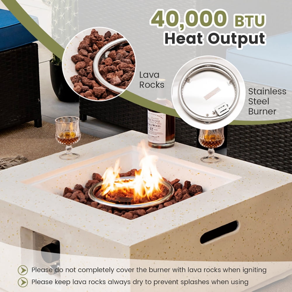 Resenkos Fire Pit, Fire Bowl,Outdoor Firepit,28 Inch 40000 BTU Square Propane Gas Fire Pit with PVC Cover-White