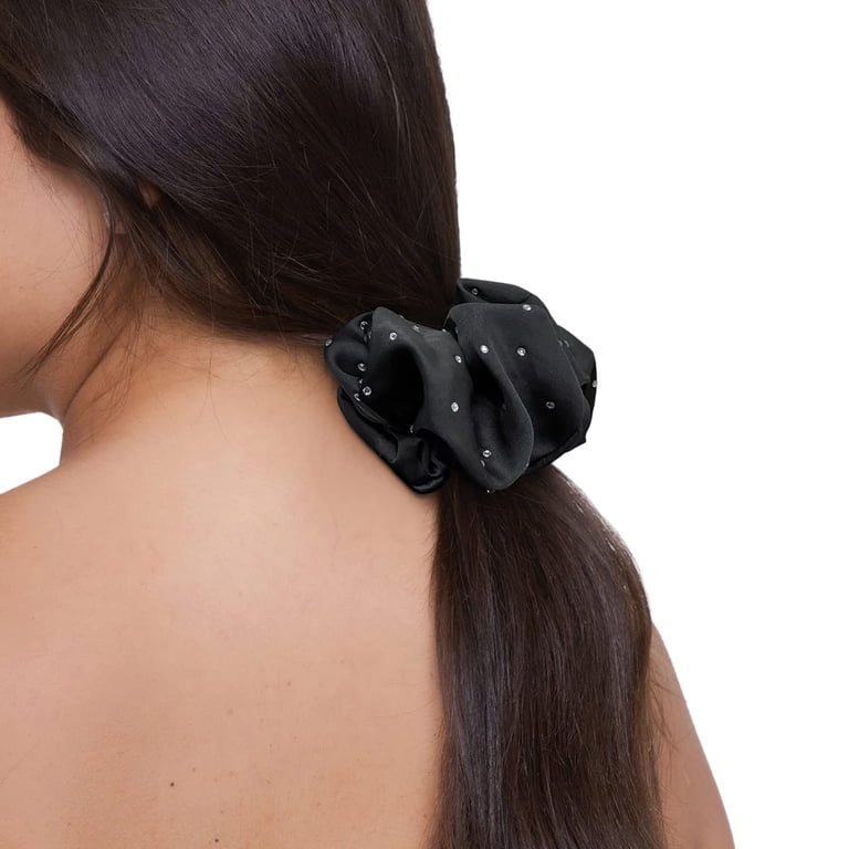 Black Satin Rhinestone Bow Scrunchie Oversized Hair Tie Glam Sparkle 2 PCS Large Rhinestone Bow Scrunchies Shiny Crystal Hair  main image 2