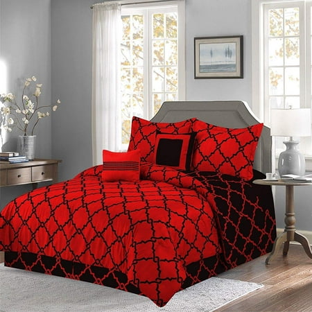 Annissa Collection Luxurious 10-Piece Red Geometric Queen Size Soft Comforter Set & Bed Sheets ...