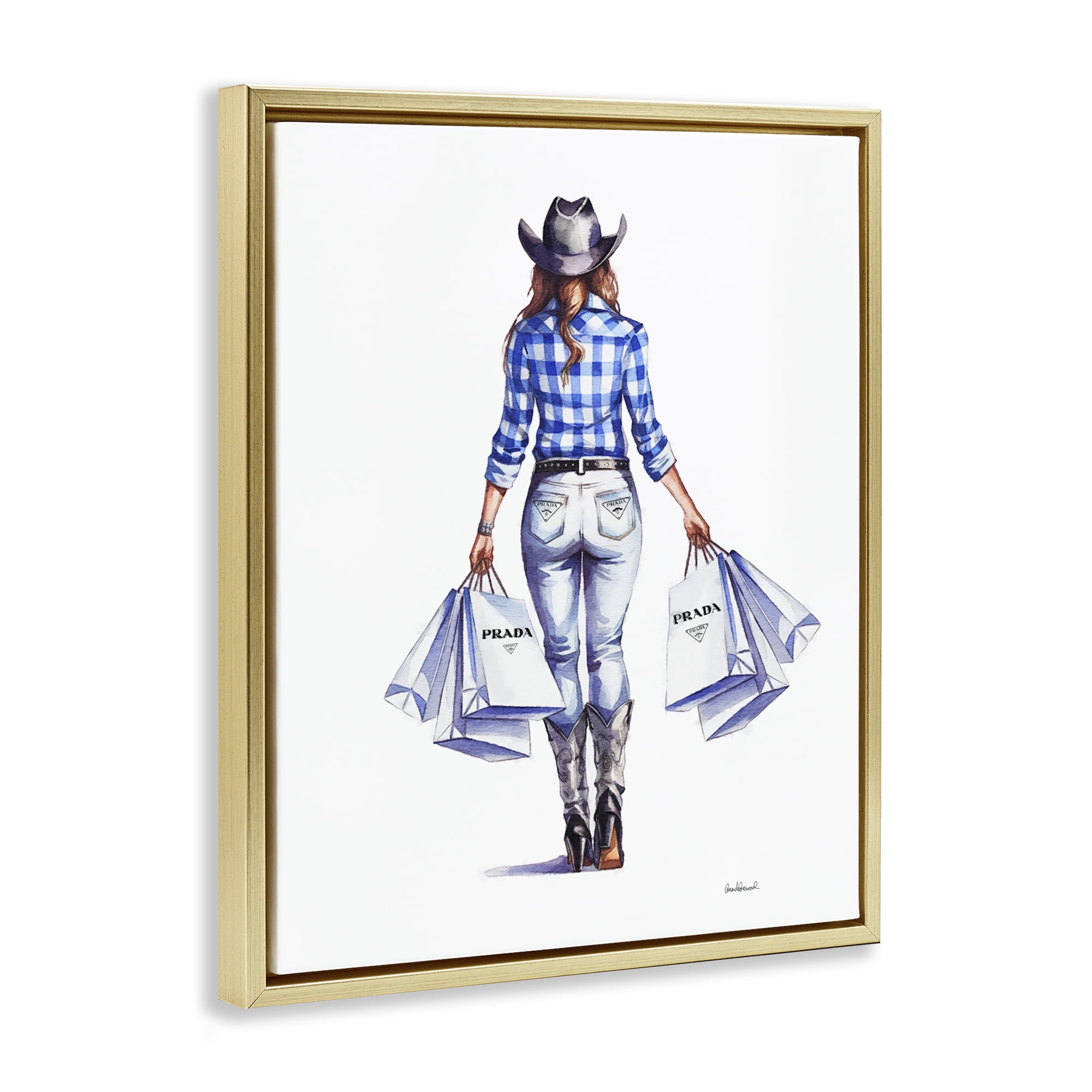 Stupell Industries Chic Cowgirl & Shopping Bags People Painting Gold Floater Framed Canvas Art Print Wall Art, 17 x 21