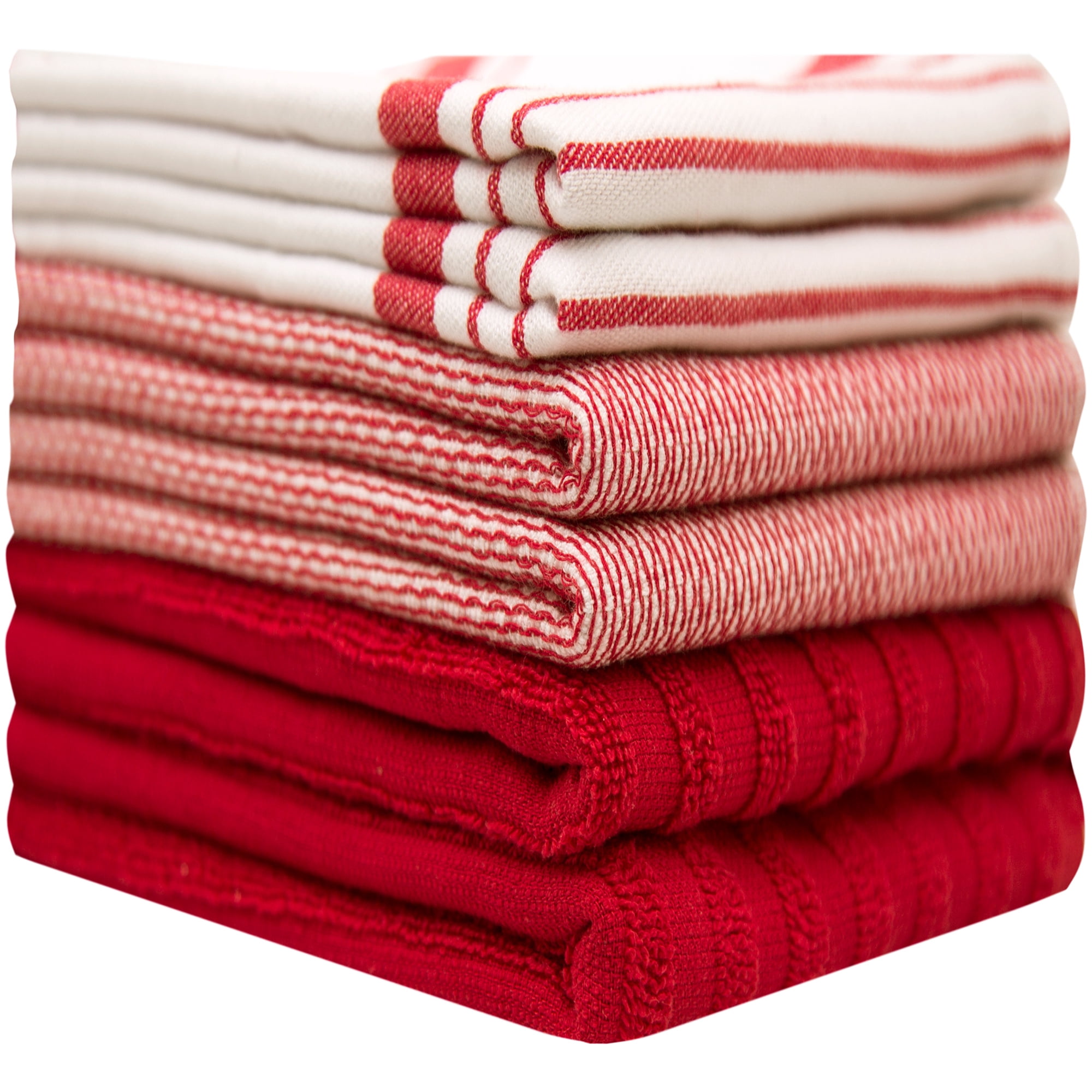Premium Kitchen Towels (20”x 28”, 6 Pack) – Large Cotton Kitchen Hand Towels – Striped Flat & Terry Towel – Highly Absorbent Tea Towels Set with Hanging Loop – Red