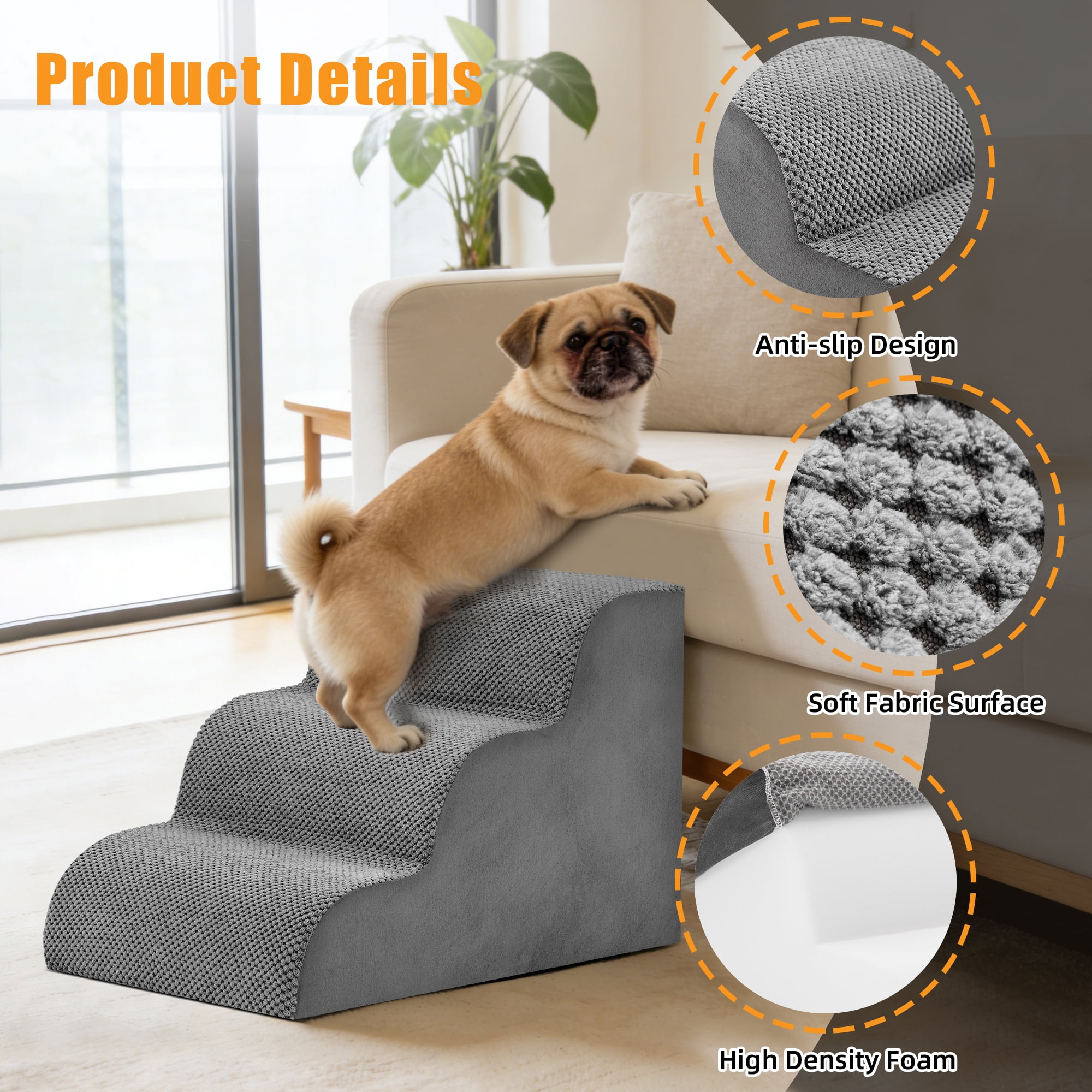 Gianna 17" Dog Stairs for Bed, 3-Step Non-Slip Pet Steps for Small Dogs and Cats, Indoor, Grey