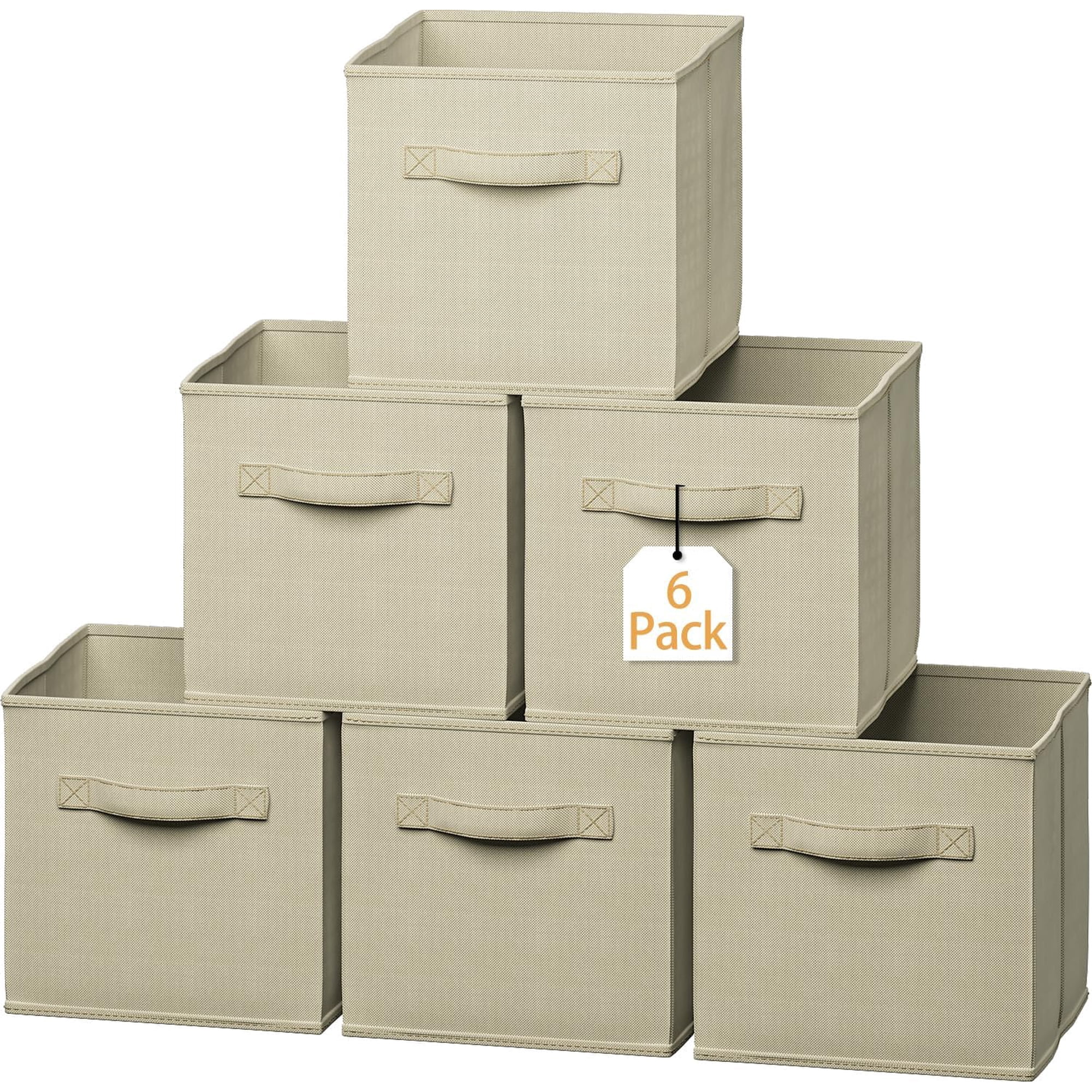 Storage Cubes 11x11 Inch Cube Organizer Bins Set of 6 Fabric Storage Cubes with Handles Foldable Cloth Bins for Closet Toy Organization Shelves Nursery Home (Beige 6 Pack)