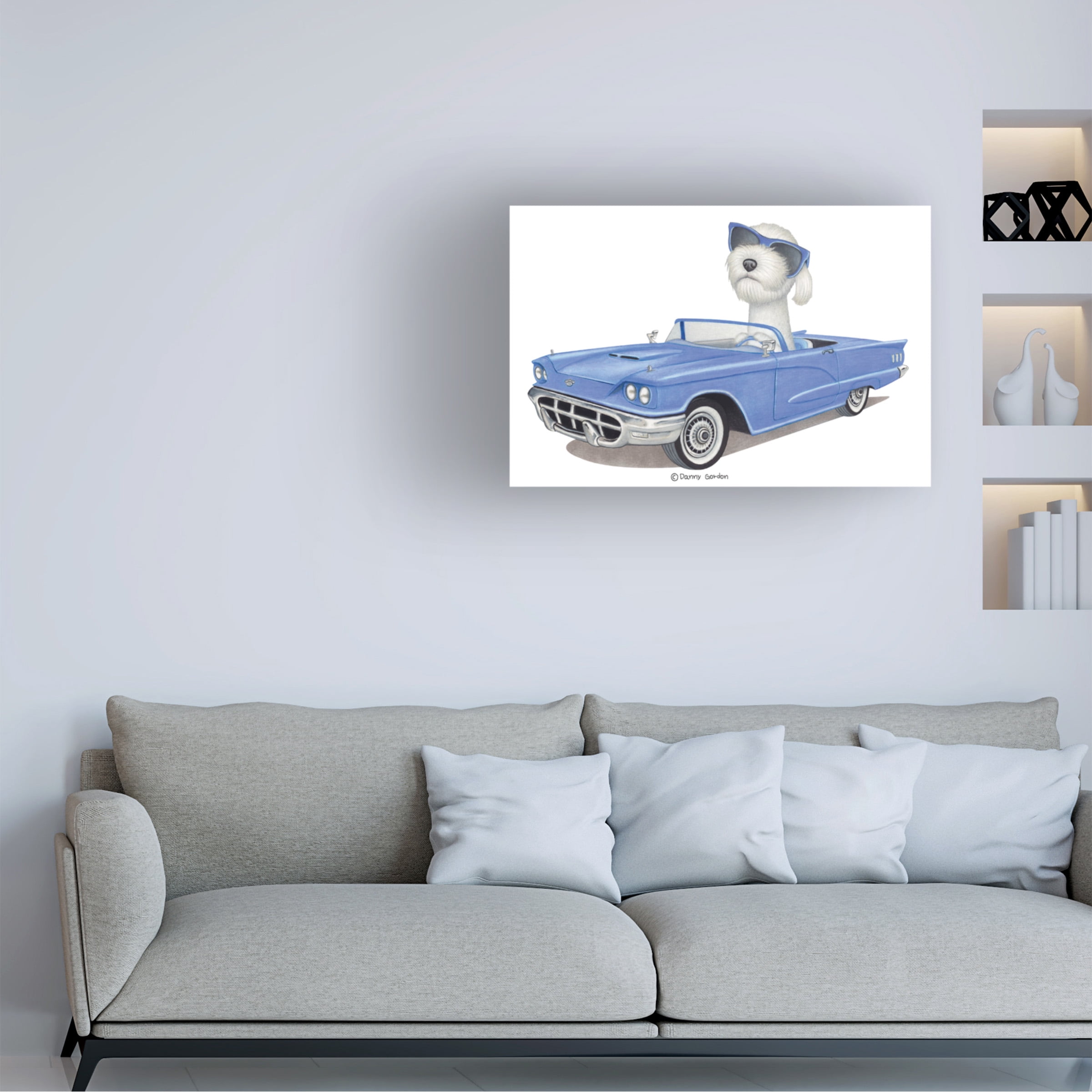 Danny Gordon Art 'White Labradoodle Blue Car' Canvas Art