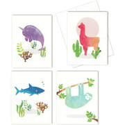 Llama, Sloth, Shark, Narwhal All Occasion Blank Note Cards (Set of 12 Cards Total) - Size 4.25" X 5.5" by Nerdy Words