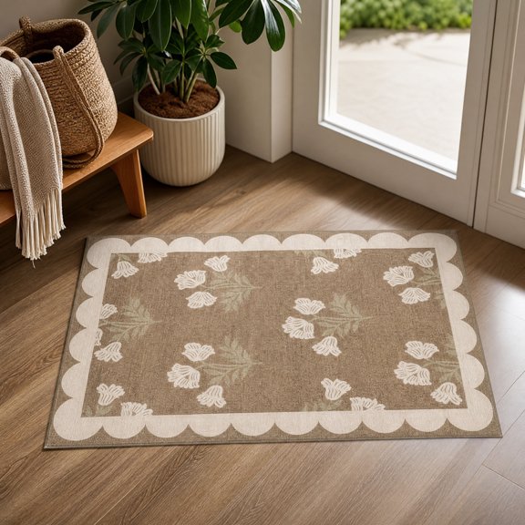 Miwamany Bathroom Decorative Floor Mat, Floral Scalloped Indoor Doormat for Entryway Shower Room, Water Absorbent Non Slip Rug, Soft Crystal Velvet Home Decor