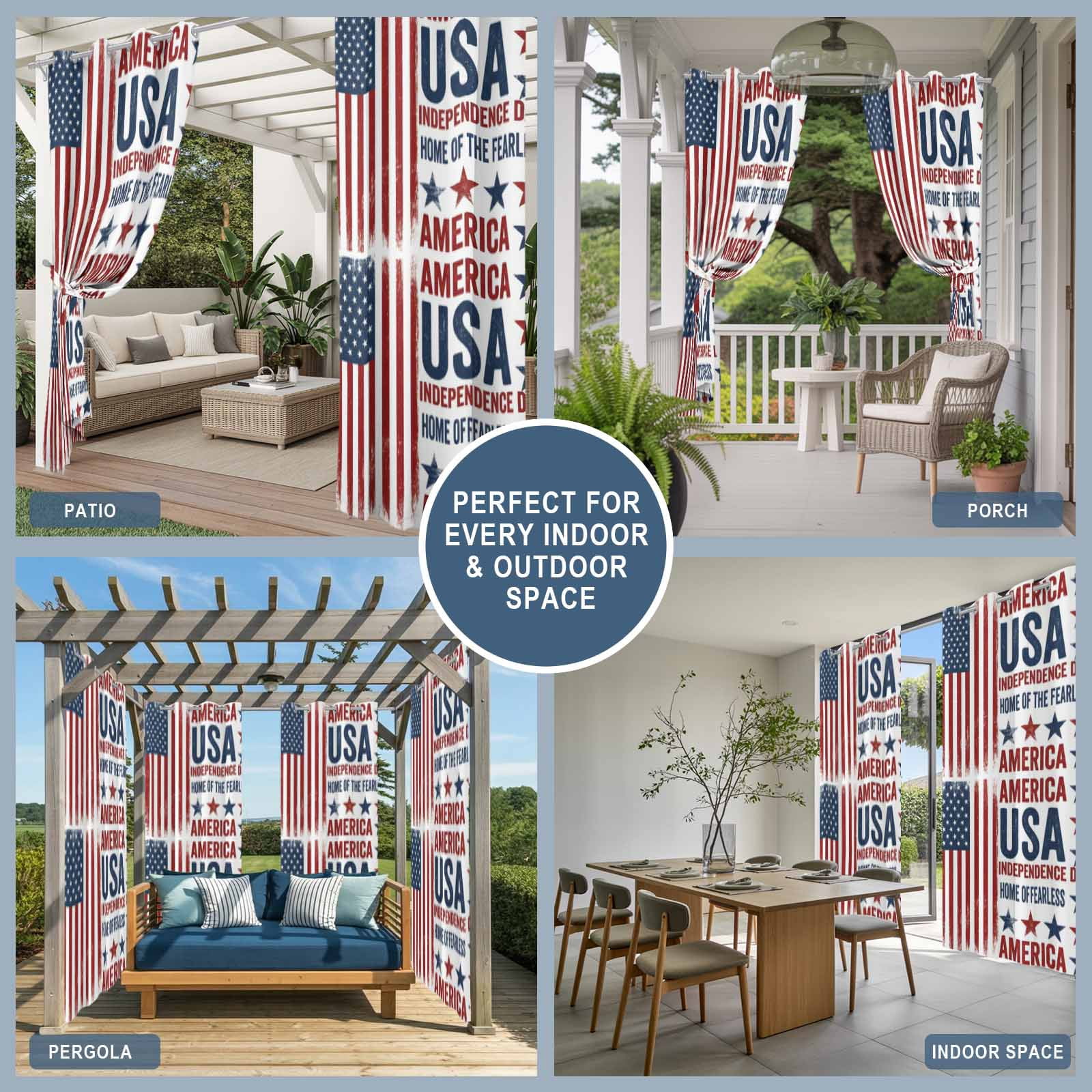 Independence Day Outdoor Curtains for Patio, Retro American USA Flag Red Stripes Abstract Sunshade Privacy Drapes Grommet Waterproof Outside Curtains for Porch/Cabana/Balcony 54"x 108", 1 Panel