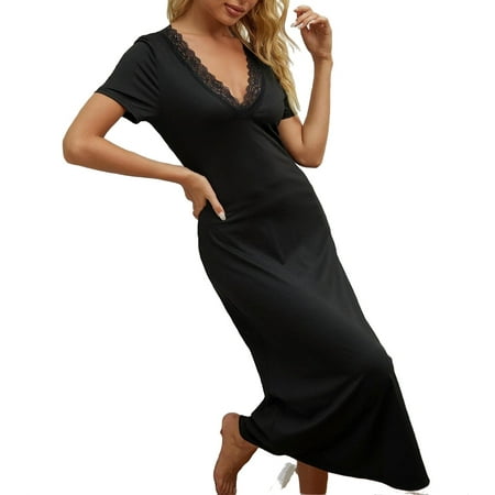 

Elegant V neck Sleepshirts Short Sleeve Black Women s Nightgowns (Women s)