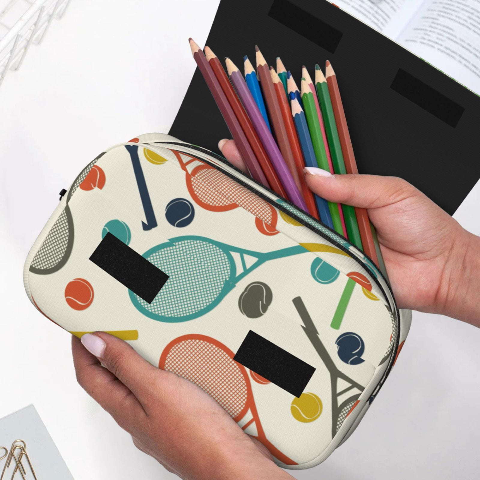 Rateoe Racket and Tennis Ball Pattern Double Clamshell Pen Case, Storage Organizer with Two Zipper Compartments– Holds Up to 50 Pencils & Pens