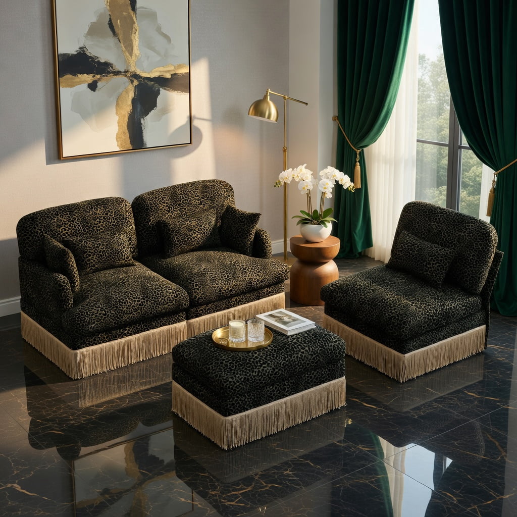 Hommoo 100" Modern Leopard Print Chenille L-Shaped Sofa Set with Movable Ottoman, Deep Seat & Tassel Trim, Easy Assembly, Ergonomic Support for Living Room, Green Black