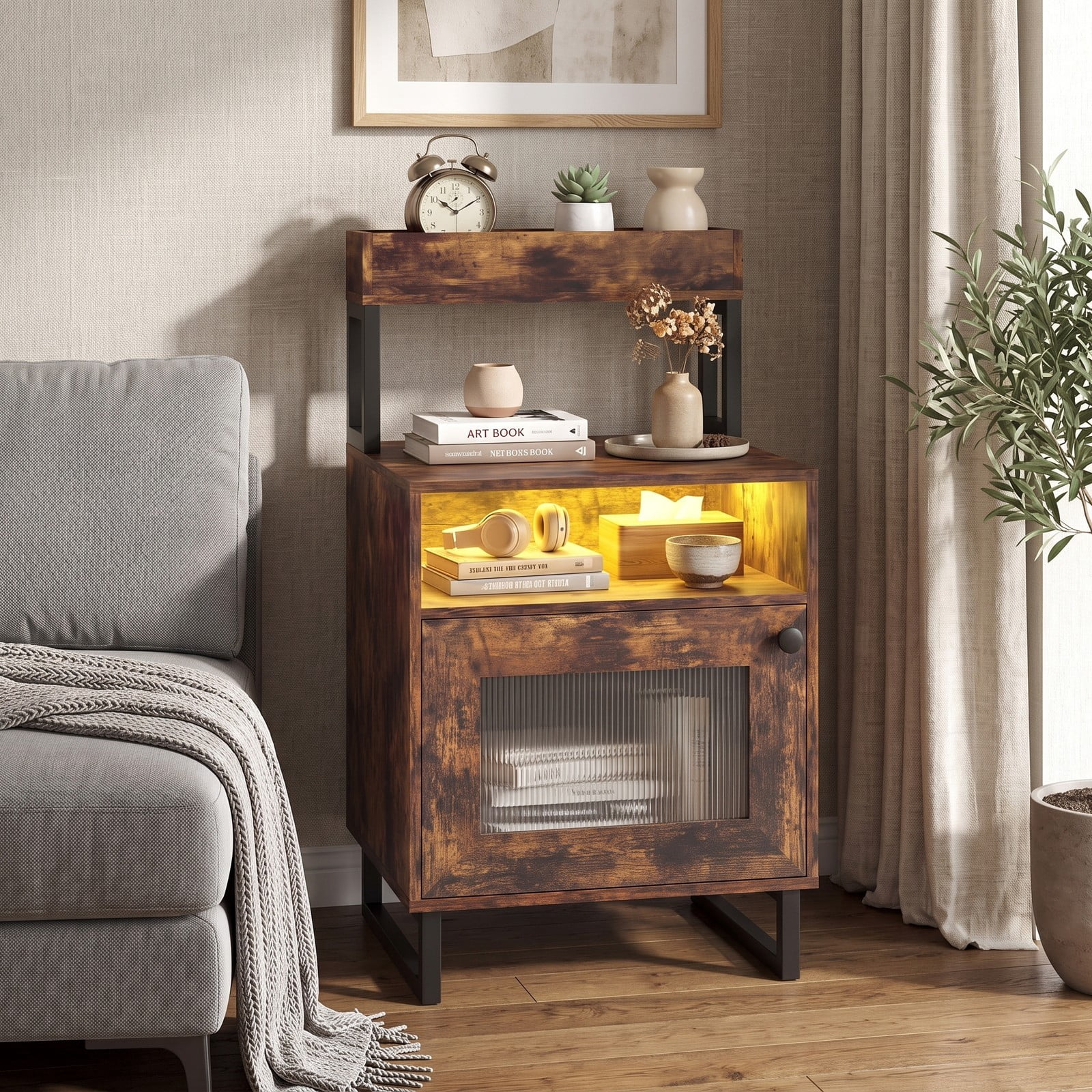 Furnibear Nightstand with LED Lights and Fluted Glass Cabinet Door plus Open Compartment and Raised Shelf for Bedroom, Rustic Brown