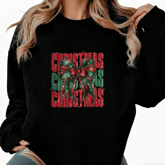 Retro Christmas Bow Graphic Tee T-Shirt Print Top Comfortable Round-neck long-sleeved Black S-3XL