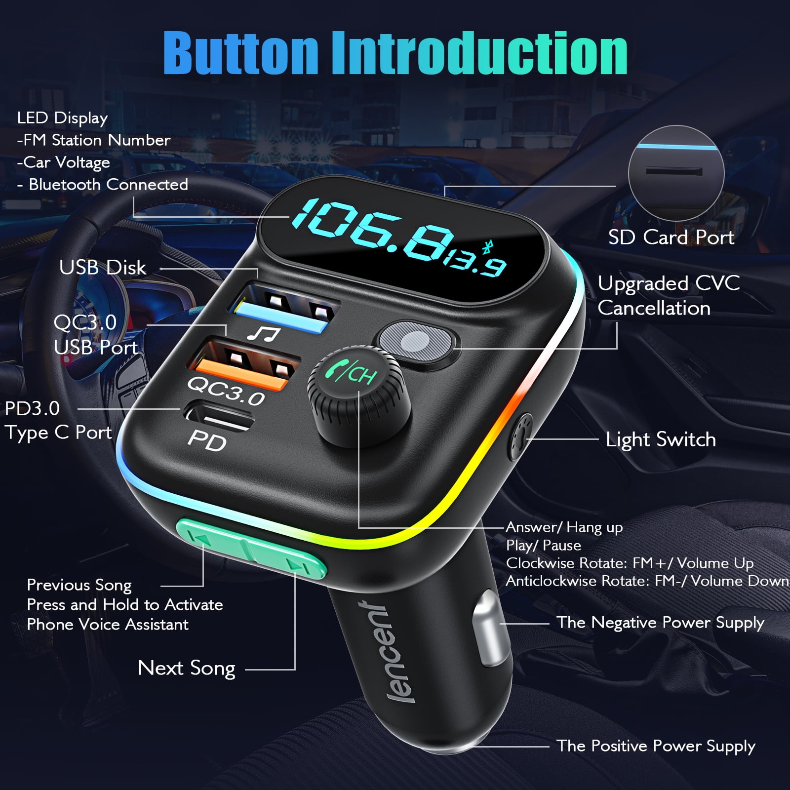 LENCENT FM Transmitter Wireless Bluetooth 5.0 Handsfree Car Kit Audio MP3  Player With Type-C PD 20W+ QC3.0 Fast USB FM Modulator