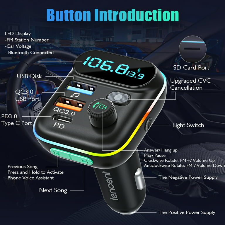 LENCENT FM Transmitter in-Car Adapter,Type-C PD 20W+ QC3.0 Fast USB  Charger, Wireless Bluetooth 5.0 