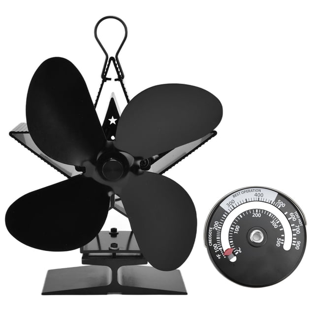 Ventilador para hogar de 4 aspas con termómetro, estufa de leña para interiores, ventilador accionado por calor para distribución de calor, color negro